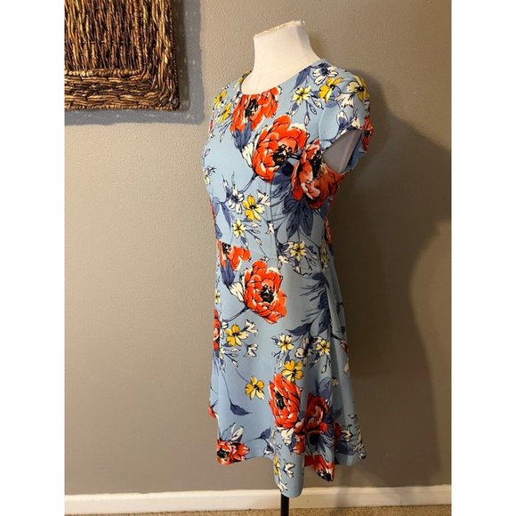 Vince Camuto Dress 12 Blue Orange Floral Stretch Short Sleeve Washable NEW - Picture 8 of 13